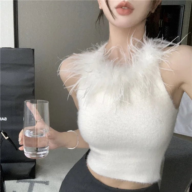 Eye - catching Designed Elegant Feather Applique Full Upper Wear U - neck Vest Domineering Lady Camisole Party Femme Tank Top - Zeprah
