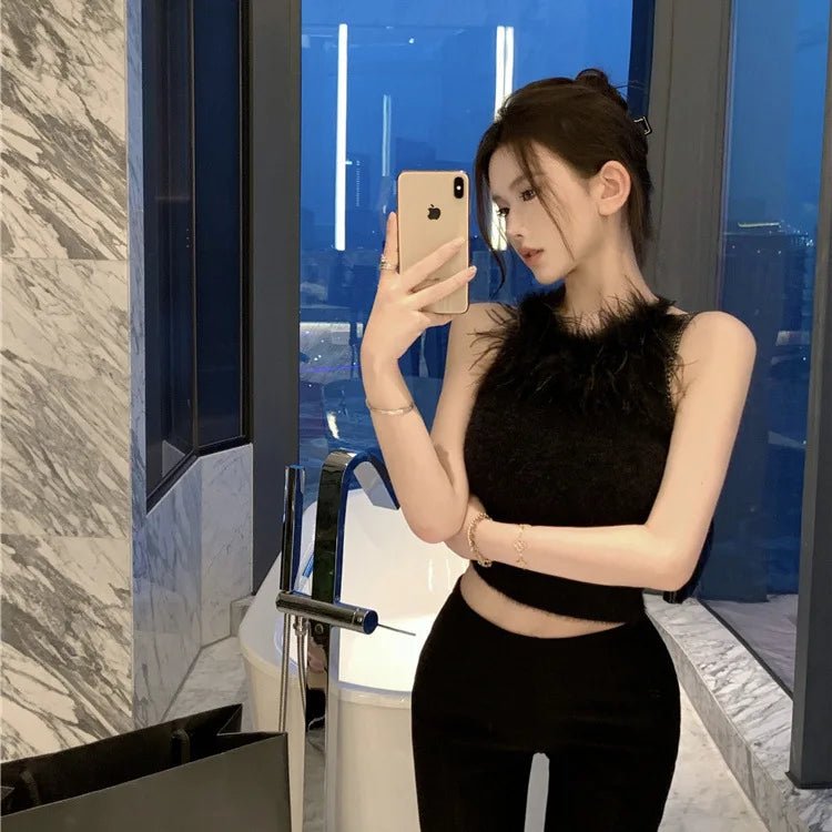 Eye - catching Designed Elegant Feather Applique Full Upper Wear U - neck Vest Domineering Lady Camisole Party Femme Tank Top - Zeprah