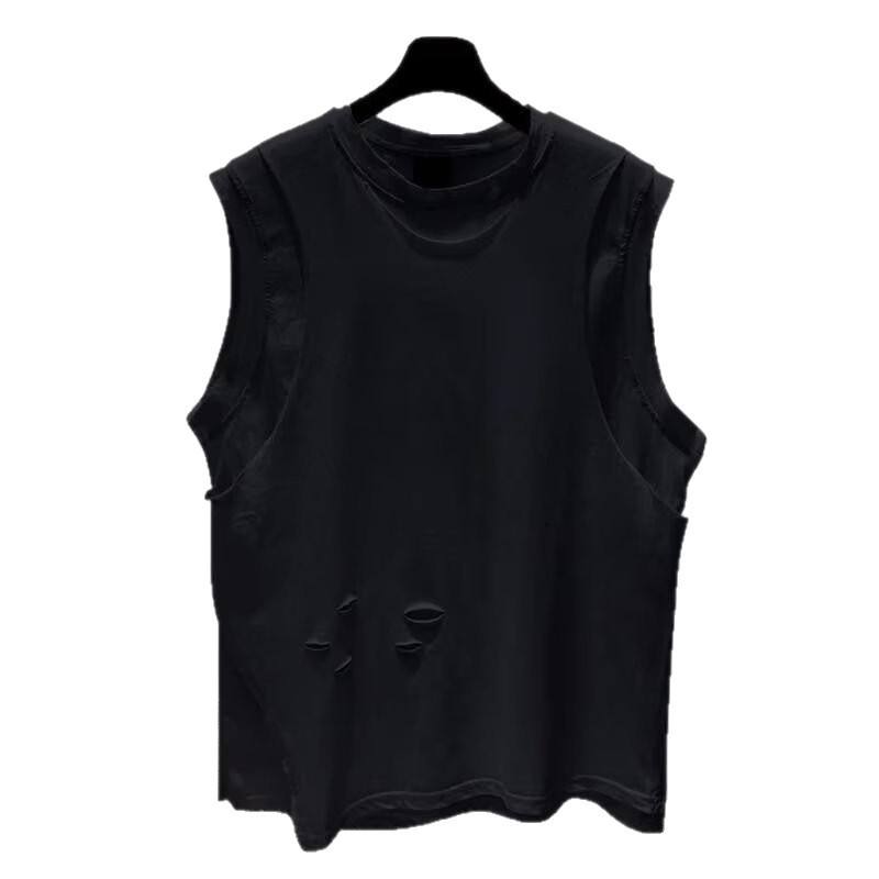 Men Distressed Hole Sleeveless Tank Top Crew Neck Raw Edge Loose Fit Streetwear Vest Two Colors Black White