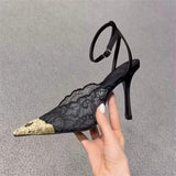 Women's Elegant Black Pink Lace Stiletto Heels Pointed Toe Ankle Strap Metallic Cap Party Wedding Pumps