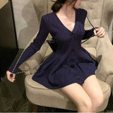 Women Long Sleeve Ribbed Knit Short Dresses V Neck Casual Swing a Line Sweater Dress
