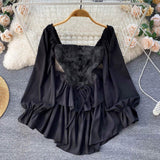 Women Lace up Waist Puff Sleeve Ruffle Layered Mini Dress