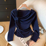 2025 New Women's Top Pure Desire Sexy Style 3D Floral Ruffled Slim Fit Long Sleeve Layering Shirt