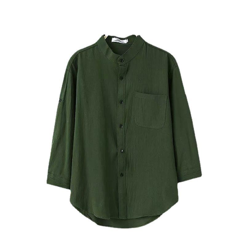 Men's Linen Three-Quarter Sleeve Shirts Solid Color Crew Neck Korean Style Trendy Casual Blouses
