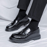 Thick Sole Height Increasing Tassels Loafers Classic Microfiber Men Dress Shoes Black Shoes