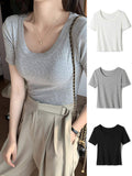 Women Wide U Neck Vertical Ribbed Knit Crop Short Sleeve T Shirt Slim Fit Solid Color Stretch Versatile Basic Daily Tee Tops