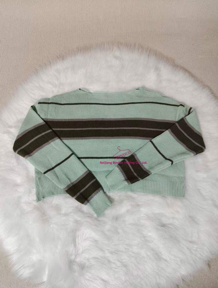 Design Sense Striped Long-sleeved Knit T-shirt Women's Spring and Autumn Unique Chic High Waist Short Top