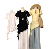 Women Solid Round Neck Short Sleeve T-shirt Irregular Ruffle Hem Ruched Side Slim Fit Asymmetric Casual Blouse Going Out Tops