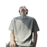 Men Vertical Rib Knit Henley T Shirt Button Placket Crew Neck Short Sleeve Loose Fit Soft Knitted Tops for Daily Streetwear
