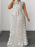 Plus Size Women Polka Dot Sleeveless Maxi Dress Bow Tie Collar Pleated Flowy A-Line Long Sundress Vintage Elegant Dress