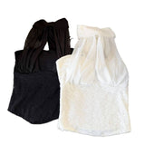 Women Mesh Cutout Halter Tank Top Back Self Tie Big Bow Irregular Curved Hem Slim Fit Sleeveless Cropped Camisole Vest