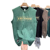 Vintage Suede Feel Printed Sleeveless T Shirt Men Loose Crew Neck Cut Off Tank Top Streetwear Casual Vest