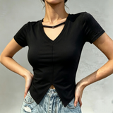 Women Shoulder-Fit Short Sleeve T-Shirt Summer Plus Size Unique Hollow Out V-Neck Blouse Irregular Slit Cropped Trendy Top