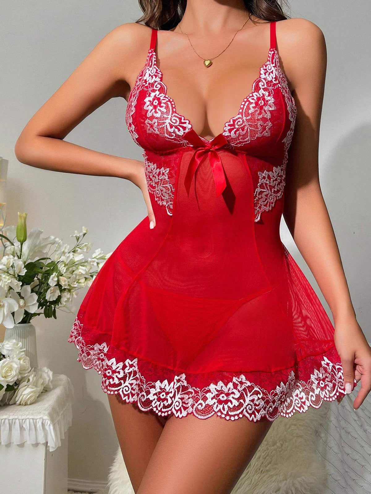 New European & American Sexy Set: Women's Lace Mesh Bowknot Nightgown Sleepwear
