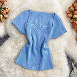 Summer Spice Girl Style Short T-Shirt Short-sleeved Design Sense Niche Square Collar-necked Wome's Knit Top