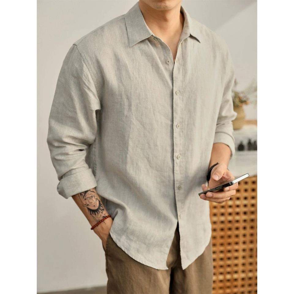Men Light Blue Long Sleeve Shirt Breathable Casual Loose Fit Solid Shirt