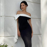 One Shoulder Evening Dress Ribbon Long Dress Pure Color Women's Elegant Dress