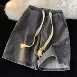 Summer Men's Denim Drawstring Elastic Waist Shorts American Retro Loose Straight 5-Length Pants