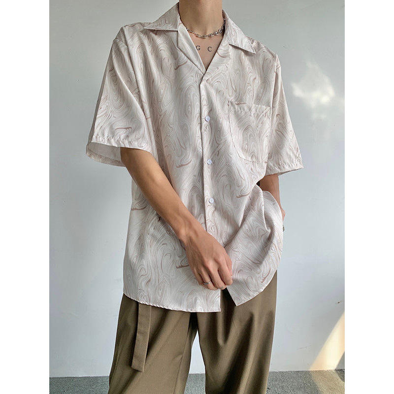 Men Satin Swirl Marble Print Short Sleeve Shirt Lapel Cuban Collar Loose Casual Beach Pocket Button Down Shirts for Men