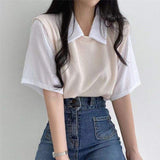 Polo Lapel Graphic Tee Loose-fit Tops for Women Color Contrast Short-sleeved Blouse