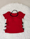 2026 New Arrival Women's Side Bow Cutout Faux Two-Piece Crop Top with Built-in Bra Short Sleeve Slim Fit T-Shirt