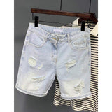Summer Leisure Classic Fashion Versatile, Broken Hole, Split Fur Edge Straight Men's Denim Shorts and Jeans