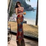Women Built-in Bra Floral Mermaid Maxi Dress V Neck Spaghetti Strap Bodycon Dress Vintage Oil Painting Print Summer Sundress