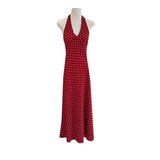 Women Burgundy White Polka Dot Maxi Dress Halter V Neck Tie Back Open Back Slim Bodycon Long Dress Vintage Summer Sundress