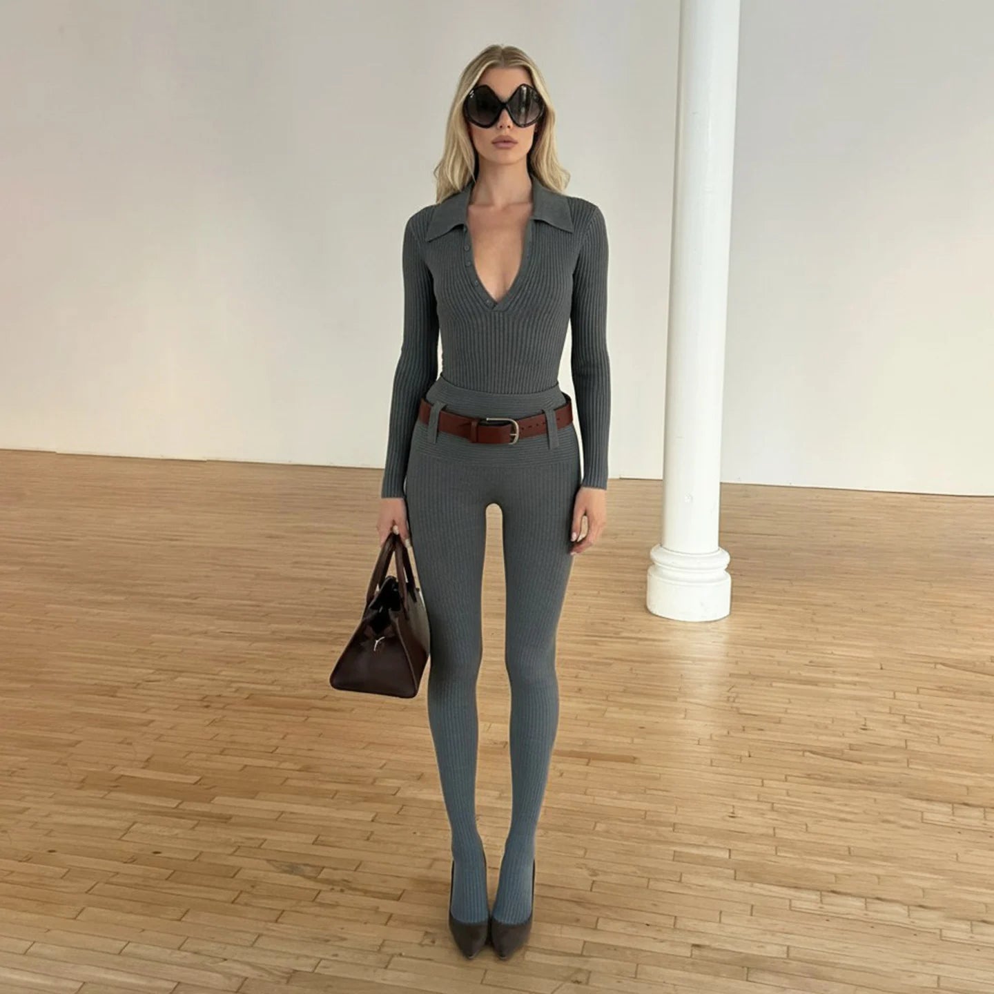 Fall Winter New Casual Miu Style Patchwork Stretch Knit Two - Piece Set Skinny Slimming V - Neck Sweater Footed Tights - Zeprah