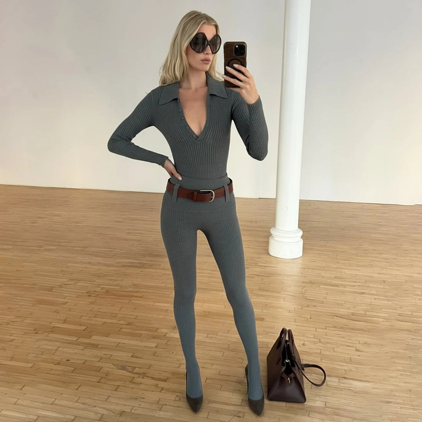 Fall Winter New Casual Miu Style Patchwork Stretch Knit Two - Piece Set Skinny Slimming V - Neck Sweater Footed Tights - Zeprah