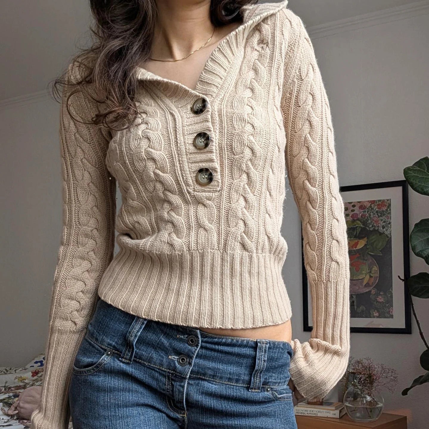 Fall Winter Women's V - Neck Button Detail Patchwork Pullover Sweater Loose Fit Front Logo Casual Long Sleeve Outwear - Zeprah