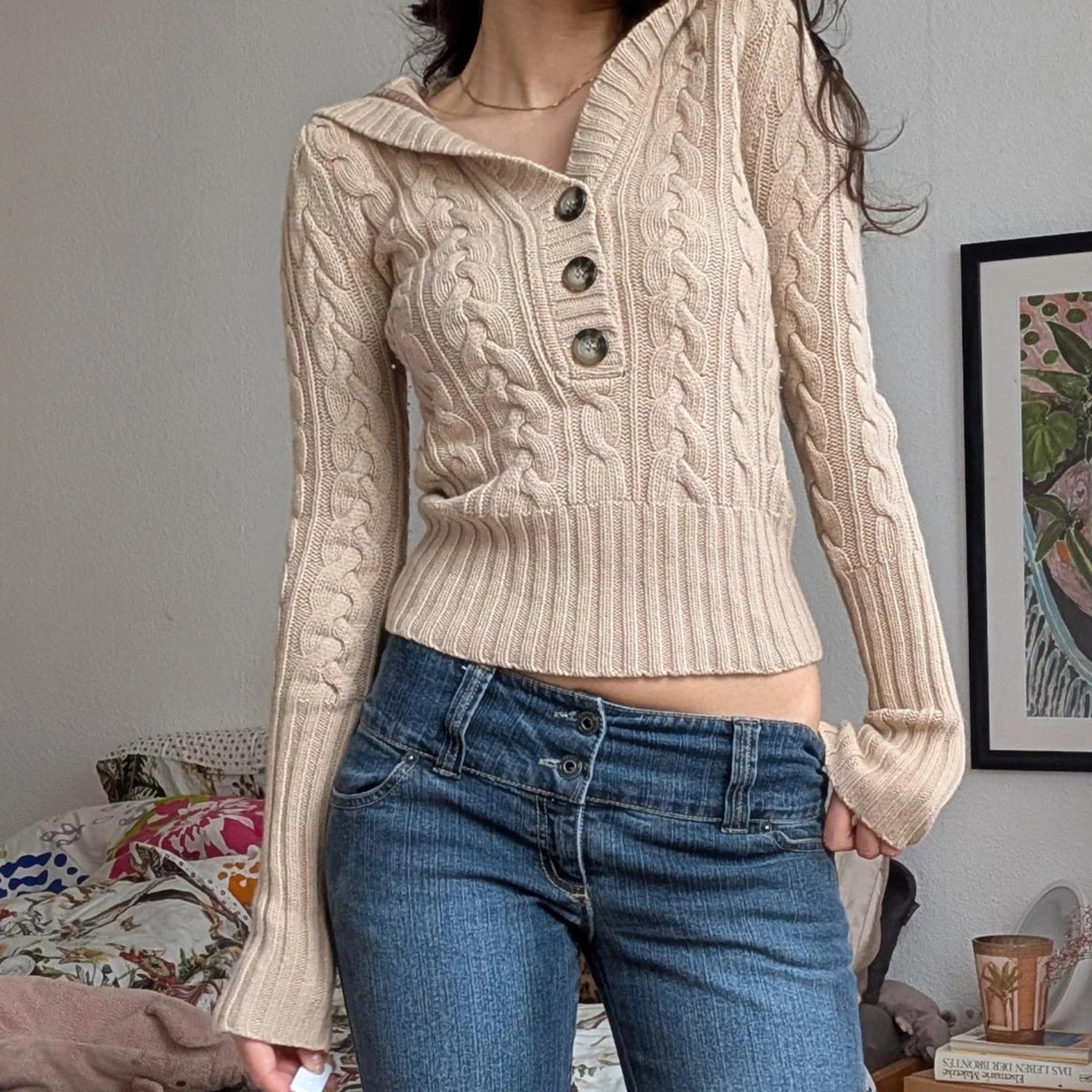 Fall Winter Women's V - Neck Button Detail Patchwork Pullover Sweater Loose Fit Front Logo Casual Long Sleeve Outwear - Zeprah