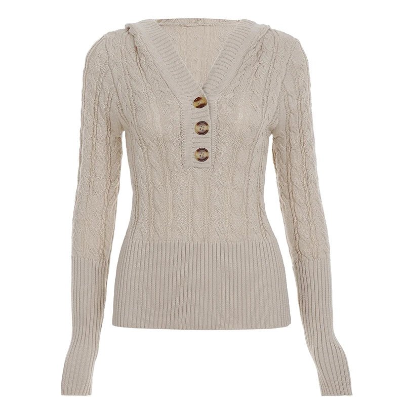 Fall Winter Women's V - Neck Button Detail Patchwork Pullover Sweater Loose Fit Front Logo Casual Long Sleeve Outwear - Zeprah