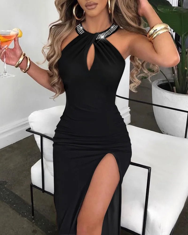 Fashion Design Sexy Club Party Women Neck Rhinestone Dress Elegant Sleeveless Slit Lady Bodycon Evening Dress - Zeprah