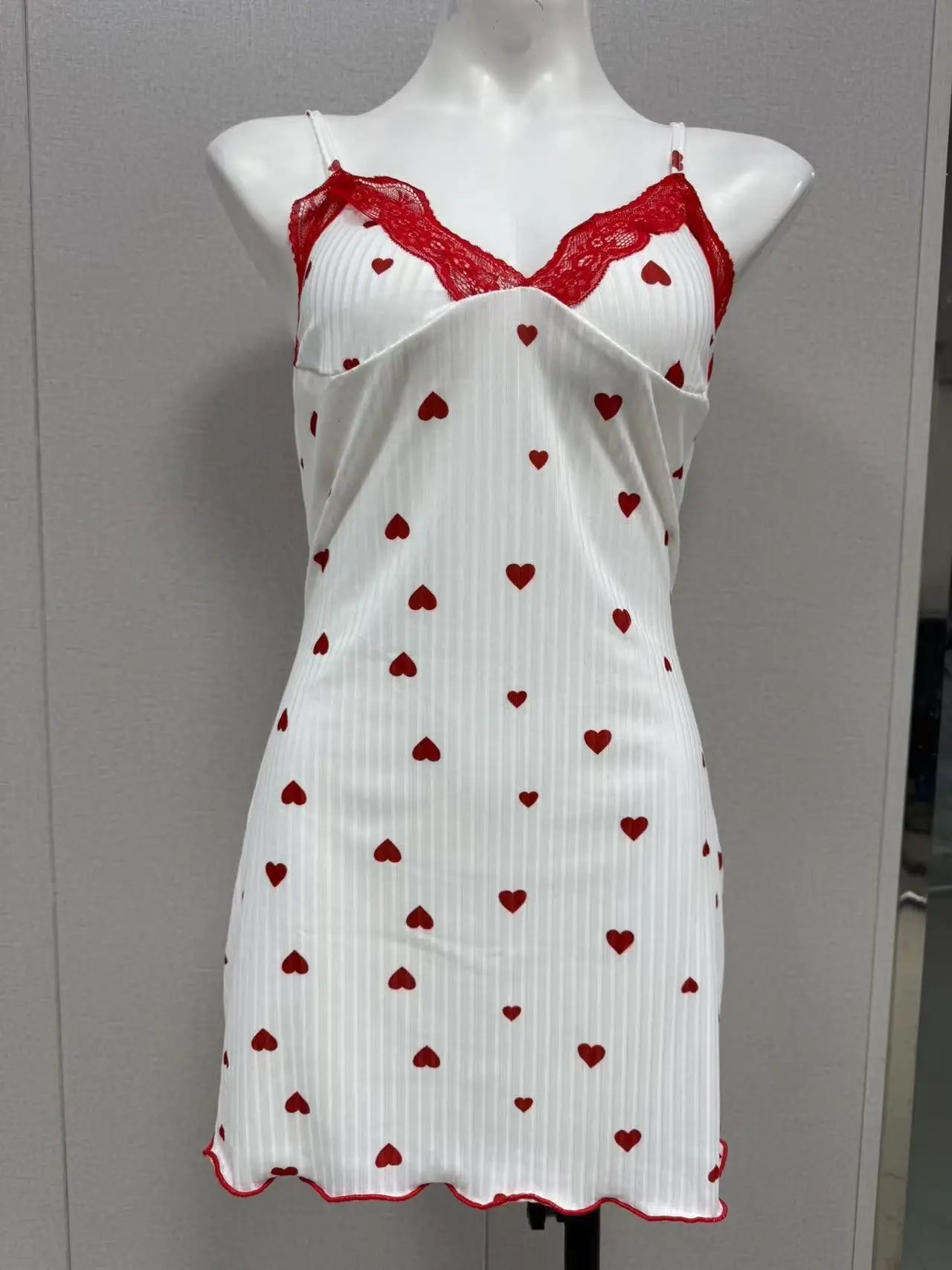 Fashion Heart Print Slim Strap Polyester Sling Nightdress Sexy Women's Sleepwear New Lace V - neck Loungewear - Zeprah