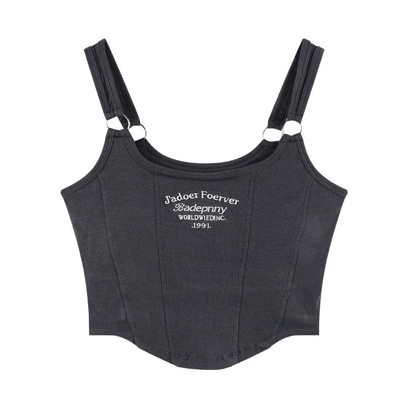 Fashion Ladies Camisole Striped Skinny Tank Top Women Embroidery Letter Bra Pad Shoulder Belt Iron Casual Crop Tops - Zeprah