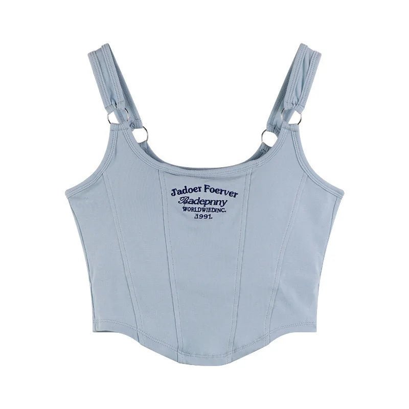 Fashion Ladies Camisole Striped Skinny Tank Top Women Embroidery Letter Bra Pad Shoulder Belt Iron Casual Crop Tops - Zeprah