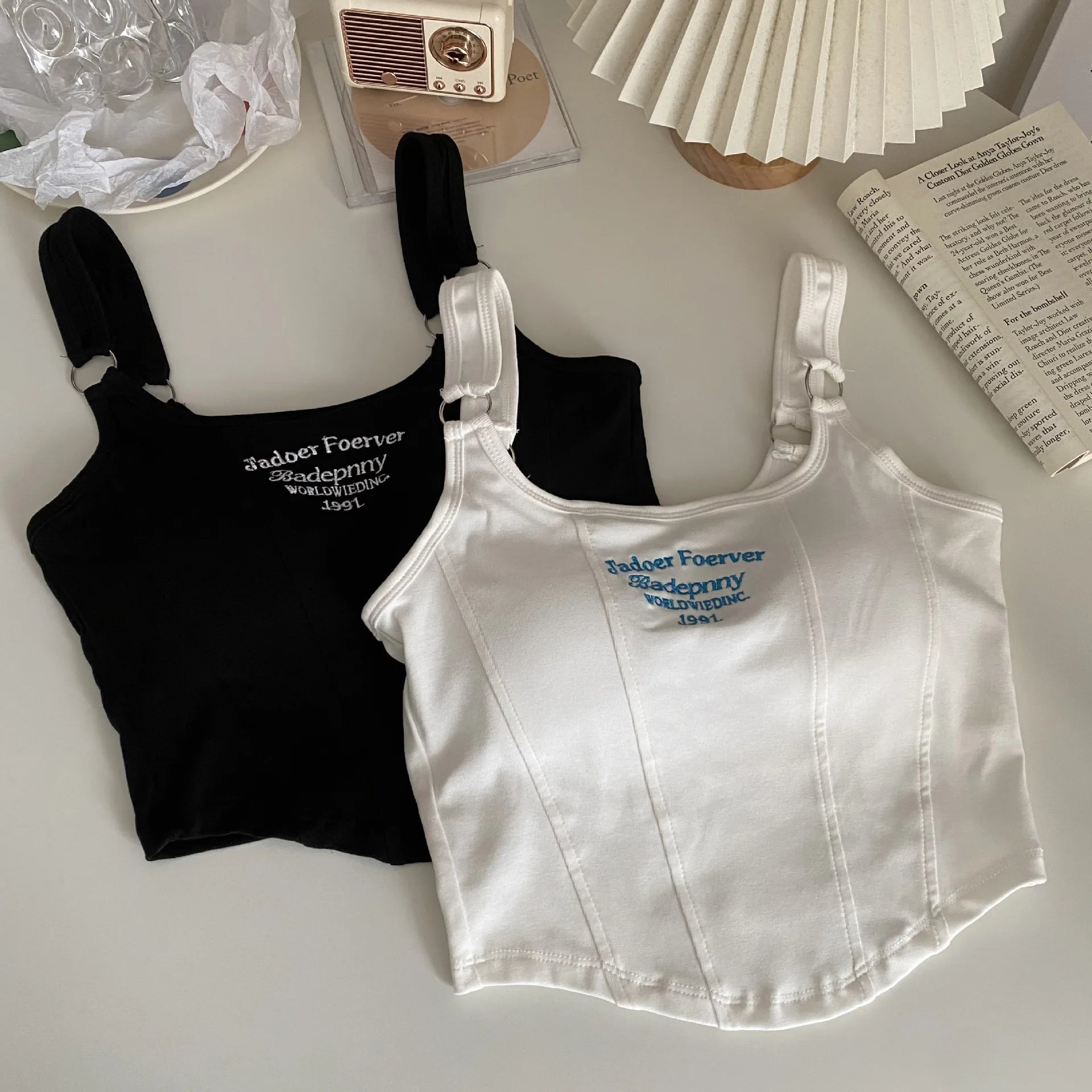 Fashion Ladies Camisole Striped Skinny Tank Top Women Embroidery Letter Bra Pad Shoulder Belt Iron Casual Crop Tops - Zeprah