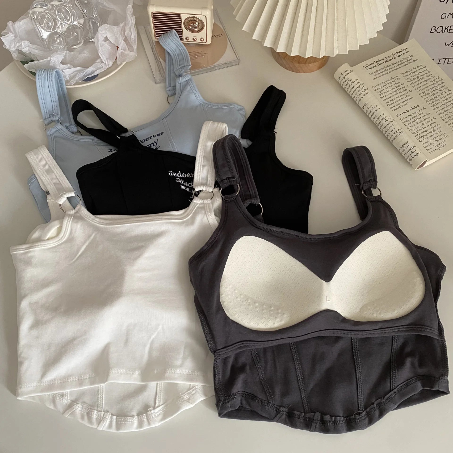 Fashion Ladies Camisole Striped Skinny Tank Top Women Embroidery Letter Bra Pad Shoulder Belt Iron Casual Crop Tops - Zeprah