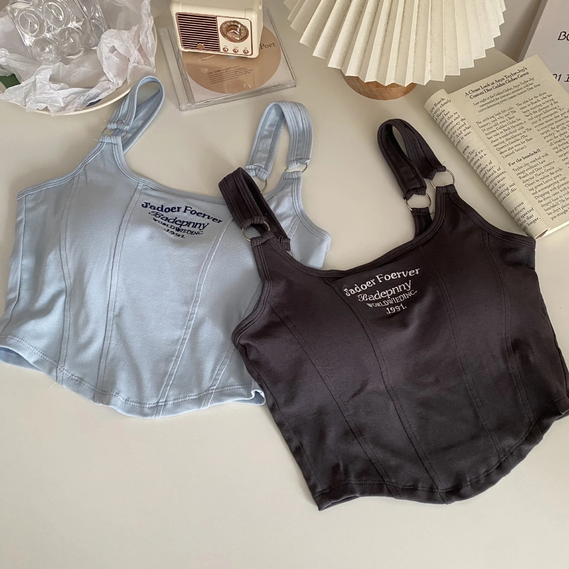 Fashion Ladies Camisole Striped Skinny Tank Top Women Embroidery Letter Bra Pad Shoulder Belt Iron Casual Crop Tops - Zeprah