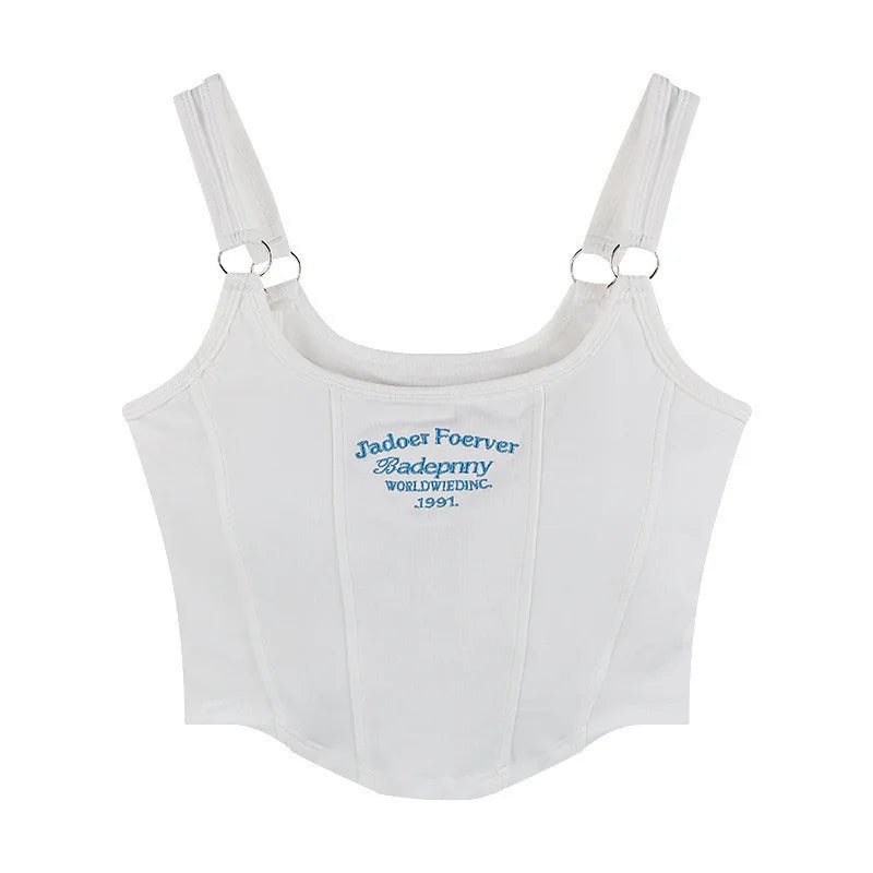 Fashion Ladies Camisole Striped Skinny Tank Top Women Embroidery Letter Bra Pad Shoulder Belt Iron Casual Crop Tops - Zeprah