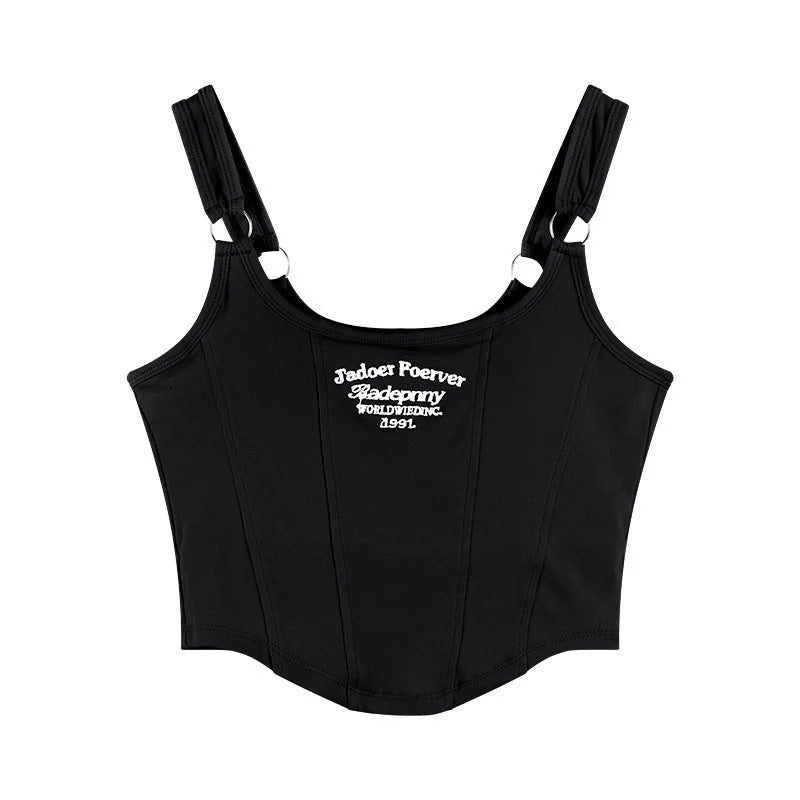 Fashion Ladies Camisole Striped Skinny Tank Top Women Embroidery Letter Bra Pad Shoulder Belt Iron Casual Crop Tops - Zeprah