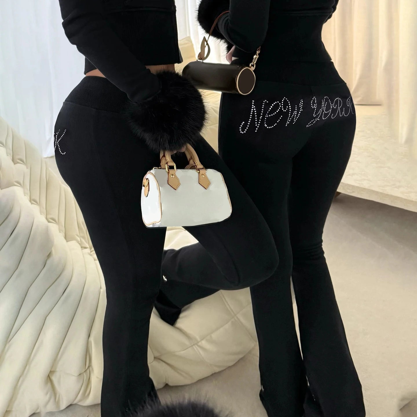 Fashion Rhinestone 2 - Piece Set Women's Short Long Sleeve Zip Hoodie with Skinny Sweatpants Clubwear Street Sportswear - Zeprah