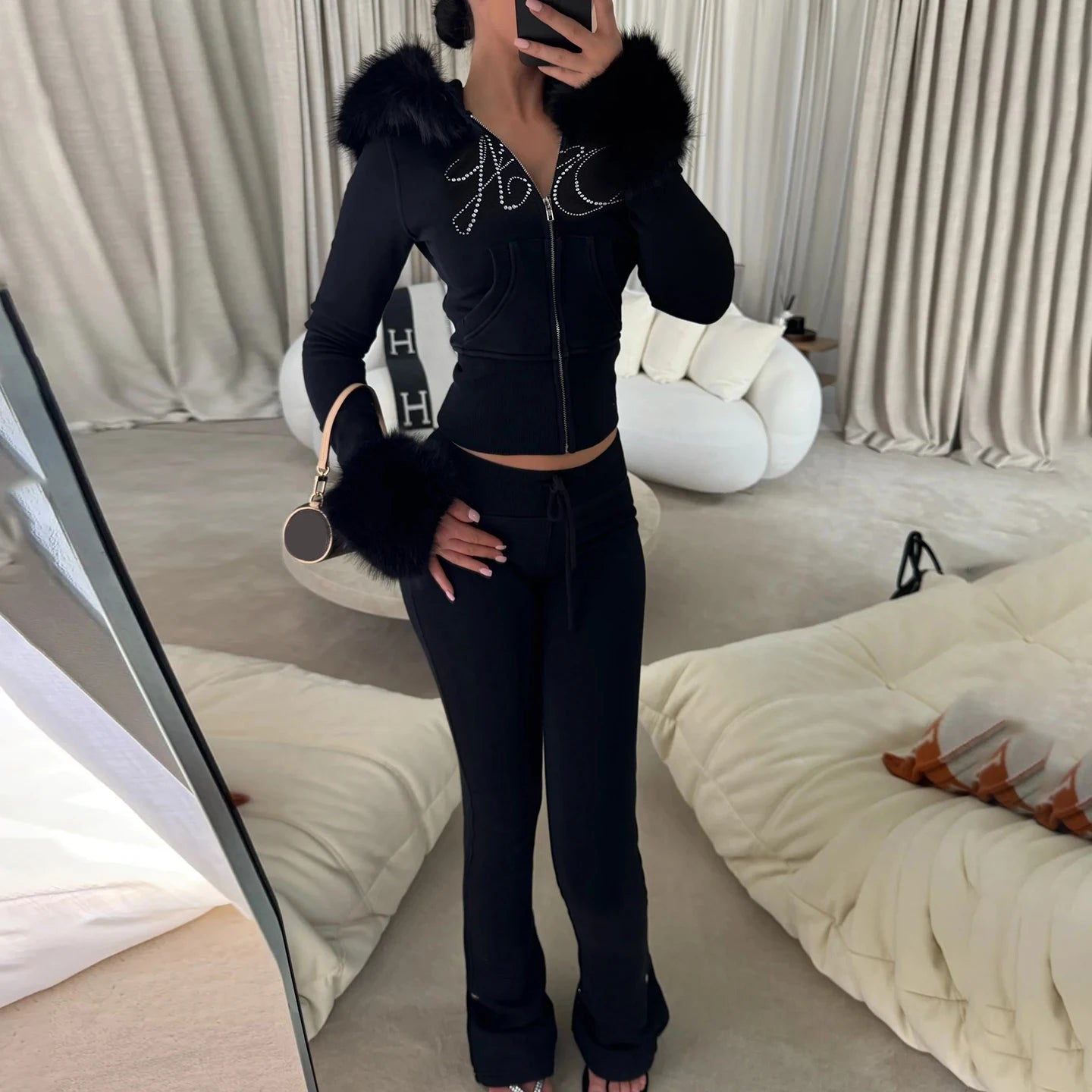 Fashion Rhinestone 2 - Piece Set Women's Short Long Sleeve Zip Hoodie with Skinny Sweatpants Clubwear Street Sportswear - Zeprah