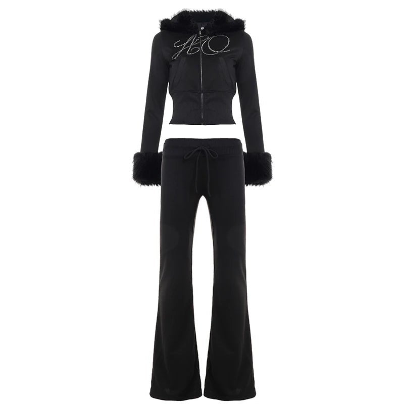 Fashion Rhinestone 2 - Piece Set Women's Short Long Sleeve Zip Hoodie with Skinny Sweatpants Clubwear Street Sportswear - Zeprah