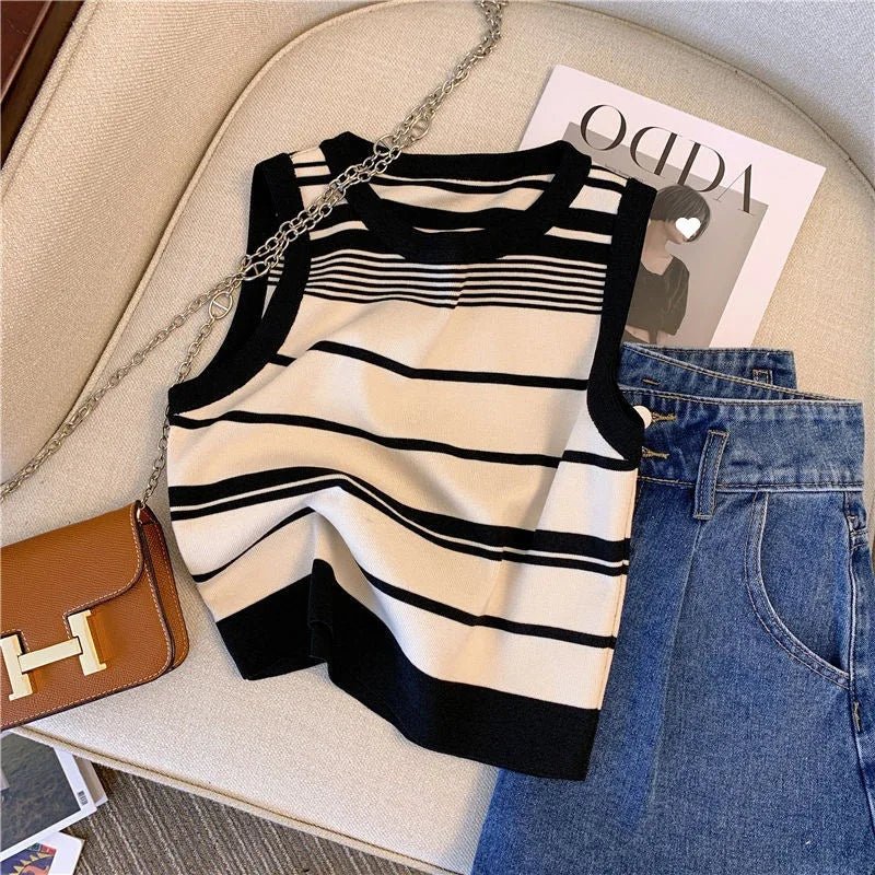 Fashion Stripe Spring Summer Top Camisole Shirt All - Match Upper Garment Waistcoat Soft Short Knitted Unisex Woman Man Vest - Zeprah