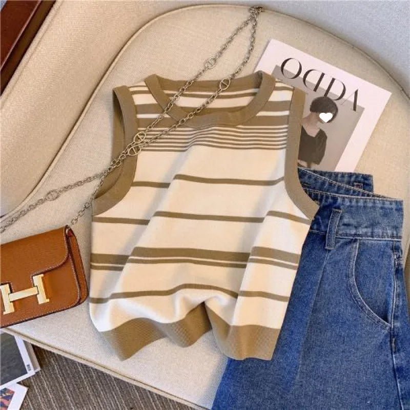 Fashion Stripe Spring Summer Top Camisole Shirt All - Match Upper Garment Waistcoat Soft Short Knitted Unisex Woman Man Vest - Zeprah