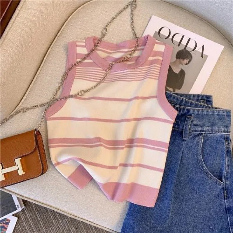 Fashion Stripe Spring Summer Top Camisole Shirt All - Match Upper Garment Waistcoat Soft Short Knitted Unisex Woman Man Vest - Zeprah