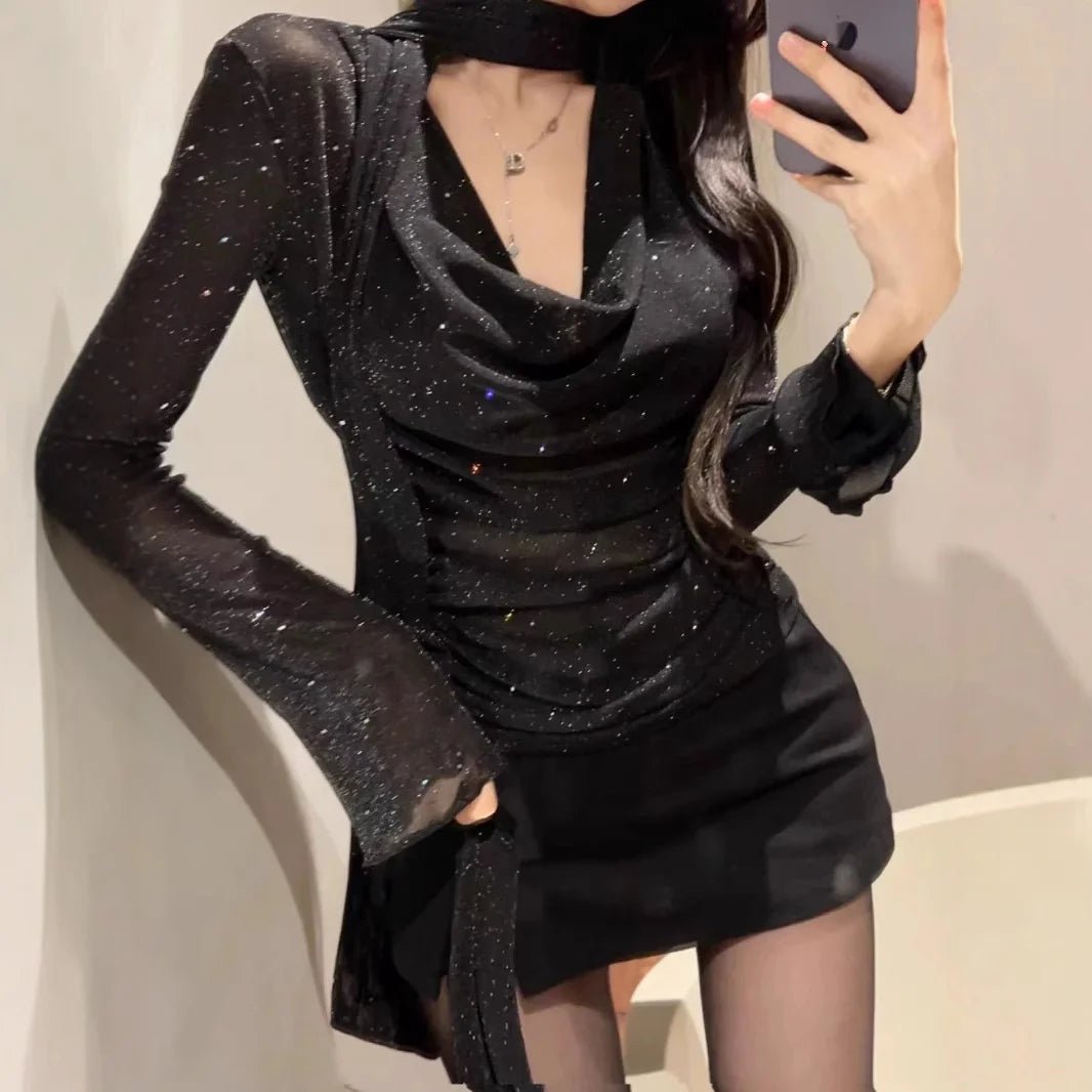 Fashion V - neck Swing Collar Top 2025 Spring and Summer New French Elegant Slim T-shirt Women - Zeprah