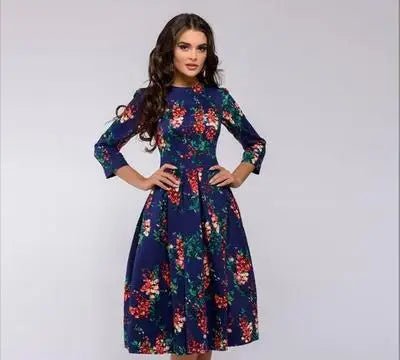 Fashion Women A - line Dress Party Retro Floral Round Neck Lady Dress - Zeprah